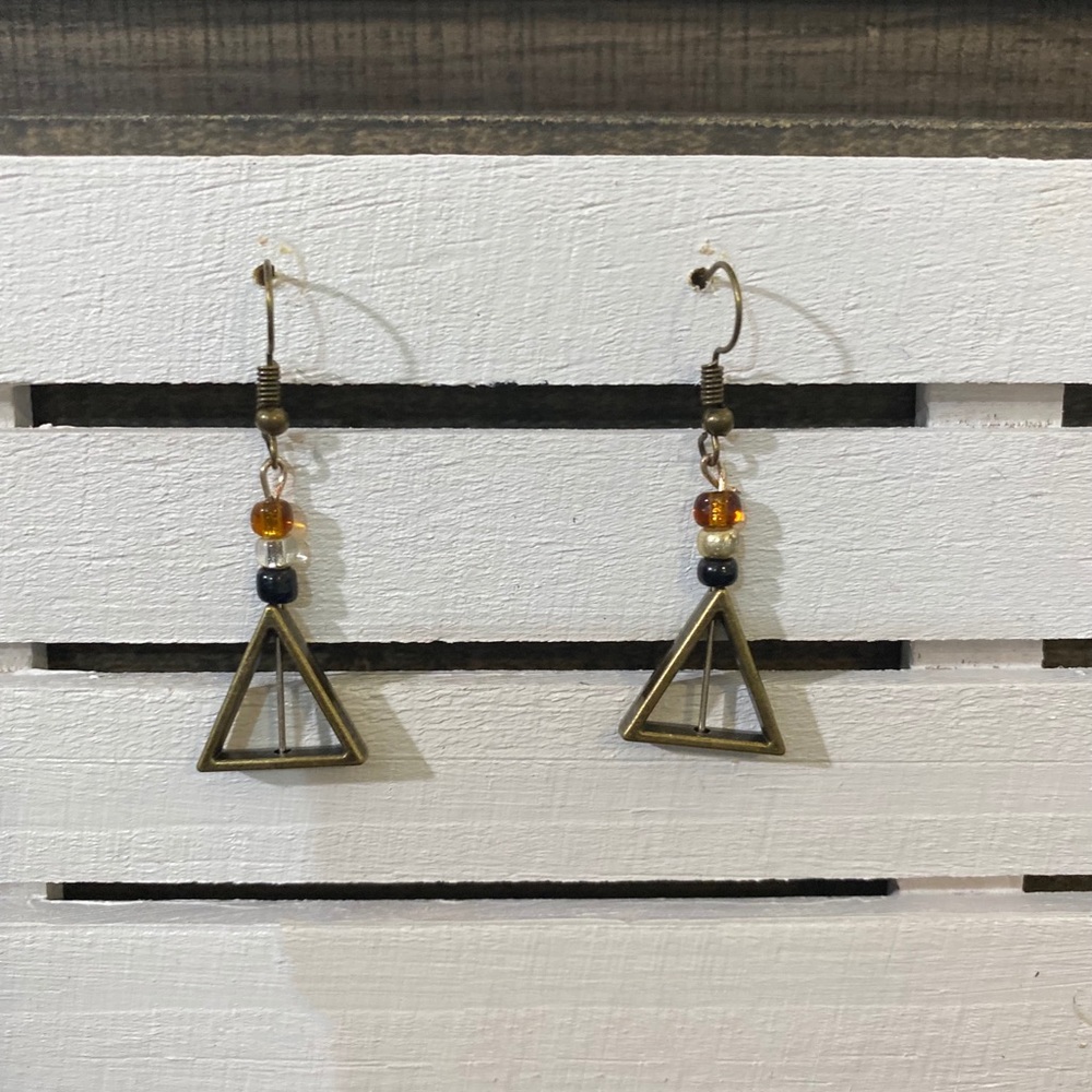 Bronze triangle earrings-amber, black, clear beads